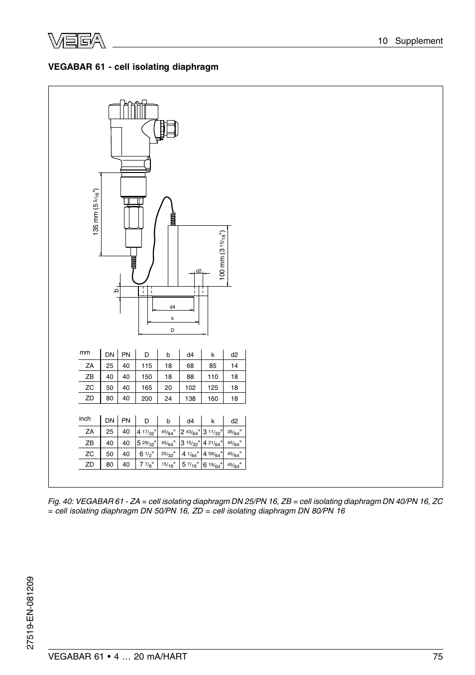 Vegabar 61 - cell isolating diaphragm | VEGA VEGABAR 61 4 … 20 mA_HART User Manual | Page 75 / 80