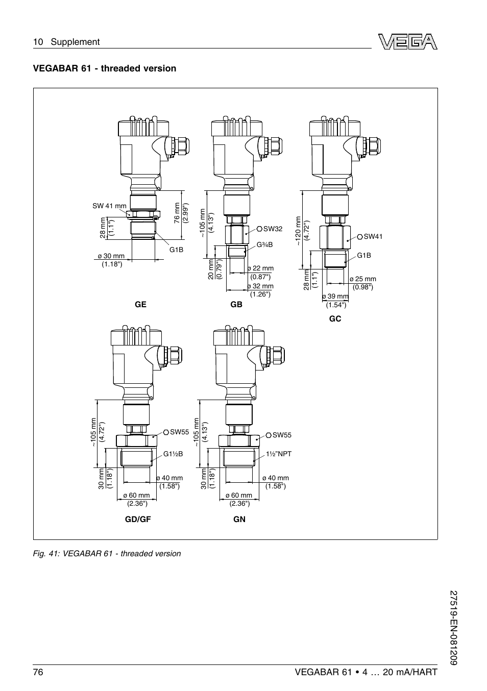 Vegabar 61 - threaded version | VEGA VEGABAR 61 4 … 20 mA_HART User Manual | Page 76 / 80