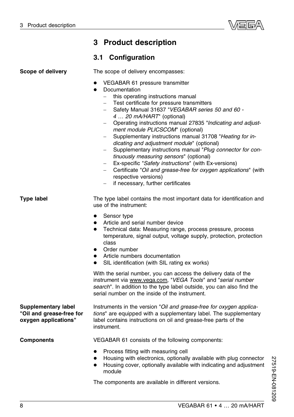 3 product description, 1 configuration, 1 conﬁguration | VEGA VEGABAR 61 4 … 20 mA_HART User Manual | Page 8 / 80