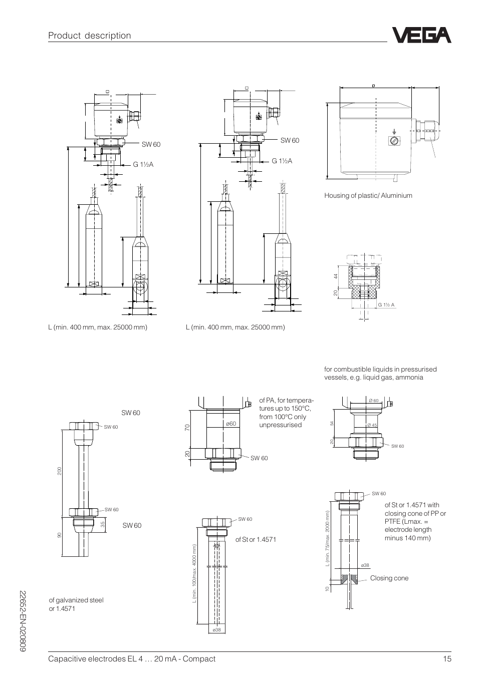 Product description housing, Temperature adapter adapter, Concentric tube screening tube | Temperature adapter, Screw adapter of pp or ptfe, Type el 52 (fully insulated), Type el 53 (fully insulated) | VEGA Capacitive electrodes EL 4 … 20 mA - Compact User Manual | Page 15 / 44