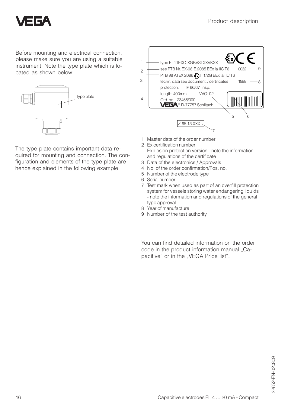 6 type plate, Vega, El 11 | Product description | VEGA Capacitive electrodes EL 4 … 20 mA - Compact User Manual | Page 16 / 44