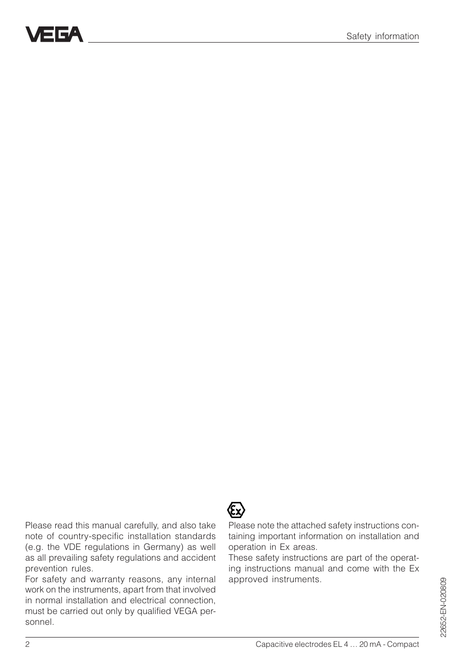 Safety information, Note ex area | VEGA Capacitive electrodes EL 4 … 20 mA - Compact User Manual | Page 2 / 44