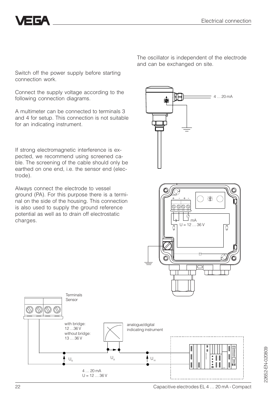 3 electrical connection, 1 connection instructions, 2 wiring plan | VEGA Capacitive electrodes EL 4 … 20 mA - Compact User Manual | Page 22 / 44