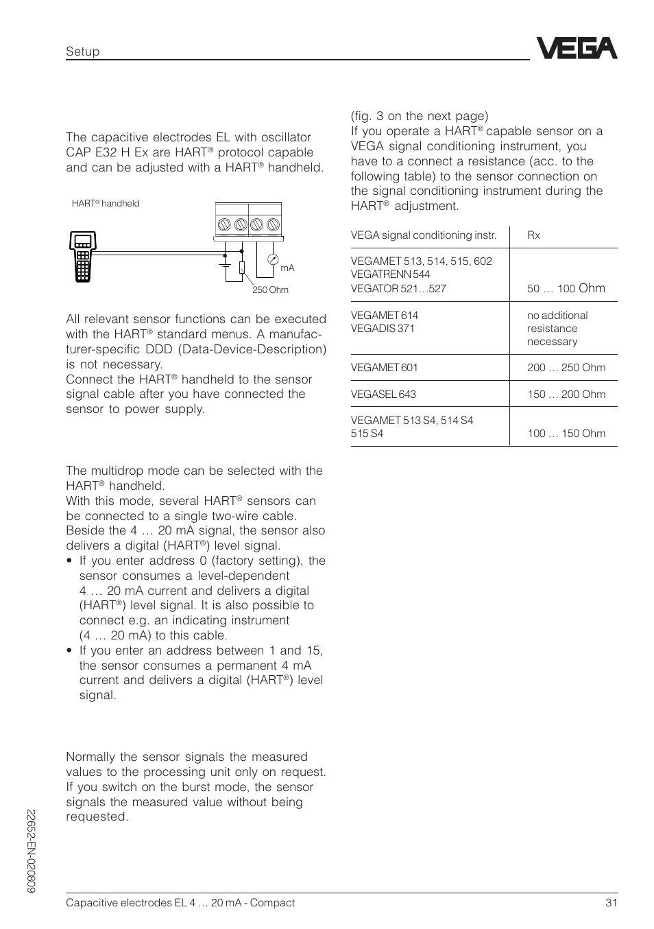 4 adjustment with hart® handheld, 4 adjustment with hart, Handheld | Multidrop mode, Burst mode | VEGA Capacitive electrodes EL 4 … 20 mA - Compact User Manual | Page 31 / 44