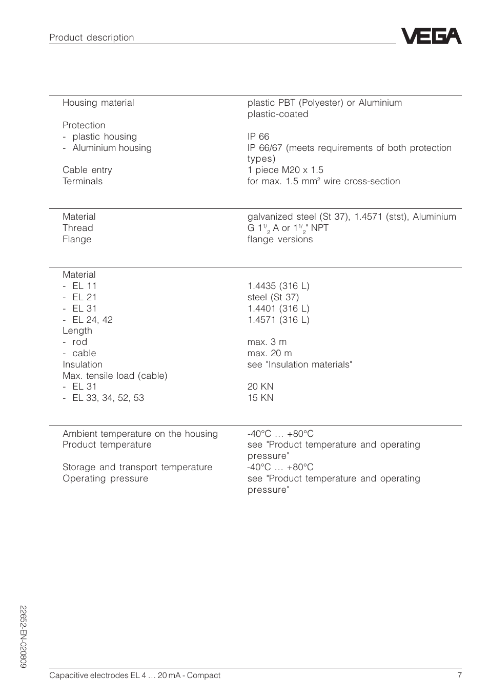 3 technical data | VEGA Capacitive electrodes EL 4 … 20 mA - Compact User Manual | Page 7 / 44