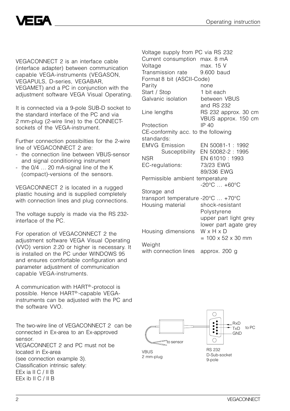 1 product description, 2 electrical connection, 1 function and configuration | 1 connection plan 1.2 technical data | VEGA VEGACONNECT 2 User Manual | Page 2 / 4