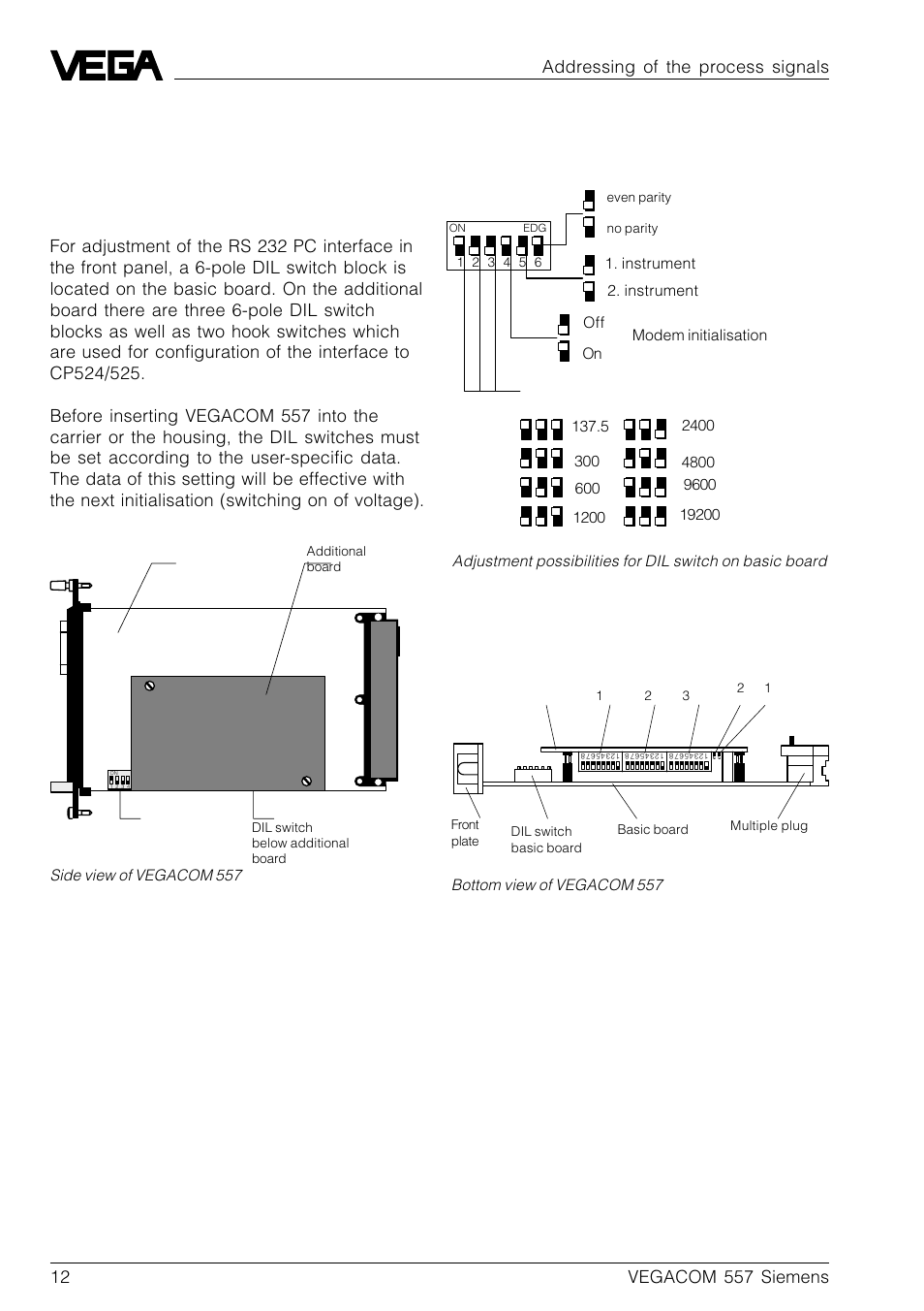 3 addressing of the process signals, 1 switch adjustments on vegacom 557, Dil switch basic board | Addressing of the process signals, Bottom view of the component | VEGA VEGACOM 557 Siemens 3964 and 3964 R procedure with RK 512 User Manual | Page 12 / 44