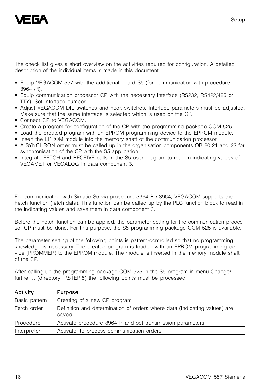 4 setup, 1 check list, 2 parameter setting cp 524 | VEGA VEGACOM 557 Siemens 3964 and 3964 R procedure with RK 512 User Manual | Page 16 / 44