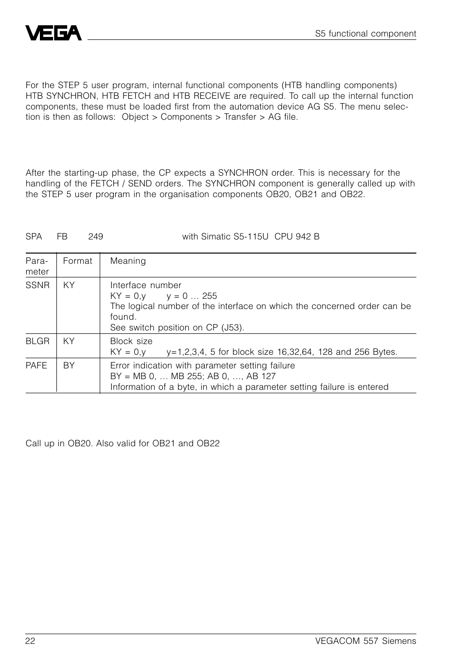 5 s5 functional component, 1 synchron order | VEGA VEGACOM 557 Siemens 3964 and 3964 R procedure with RK 512 User Manual | Page 22 / 44