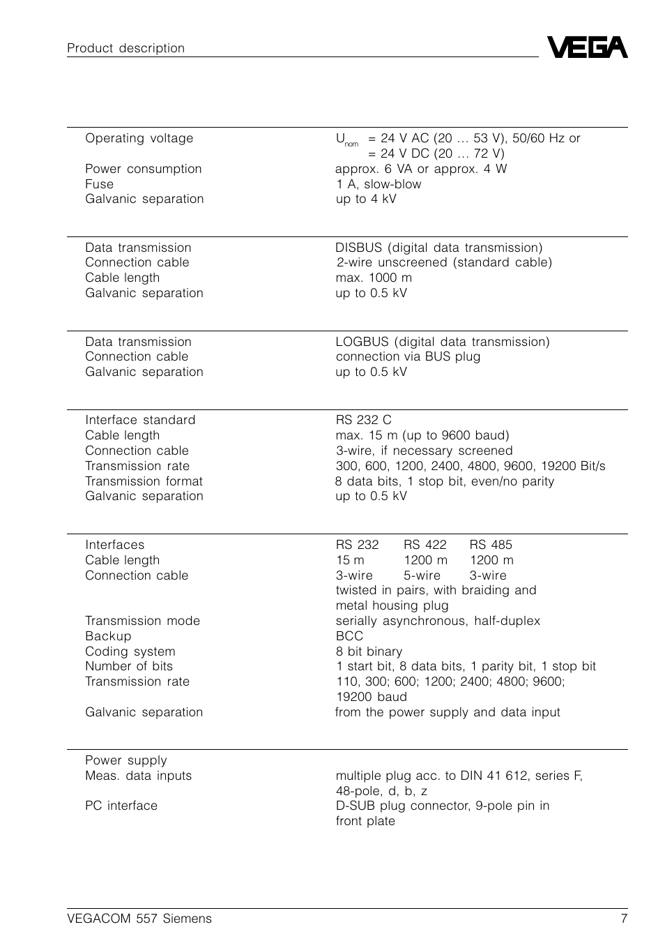 5 technical data | VEGA VEGACOM 557 Siemens 3964 and 3964 R procedure with RK 512 User Manual | Page 7 / 44