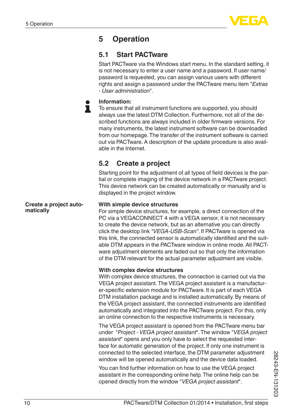 5 operation, 1 start pactware, 2 create a project | VEGA PACTware-DTM Collection 01_2014 User Manual | Page 10 / 28
