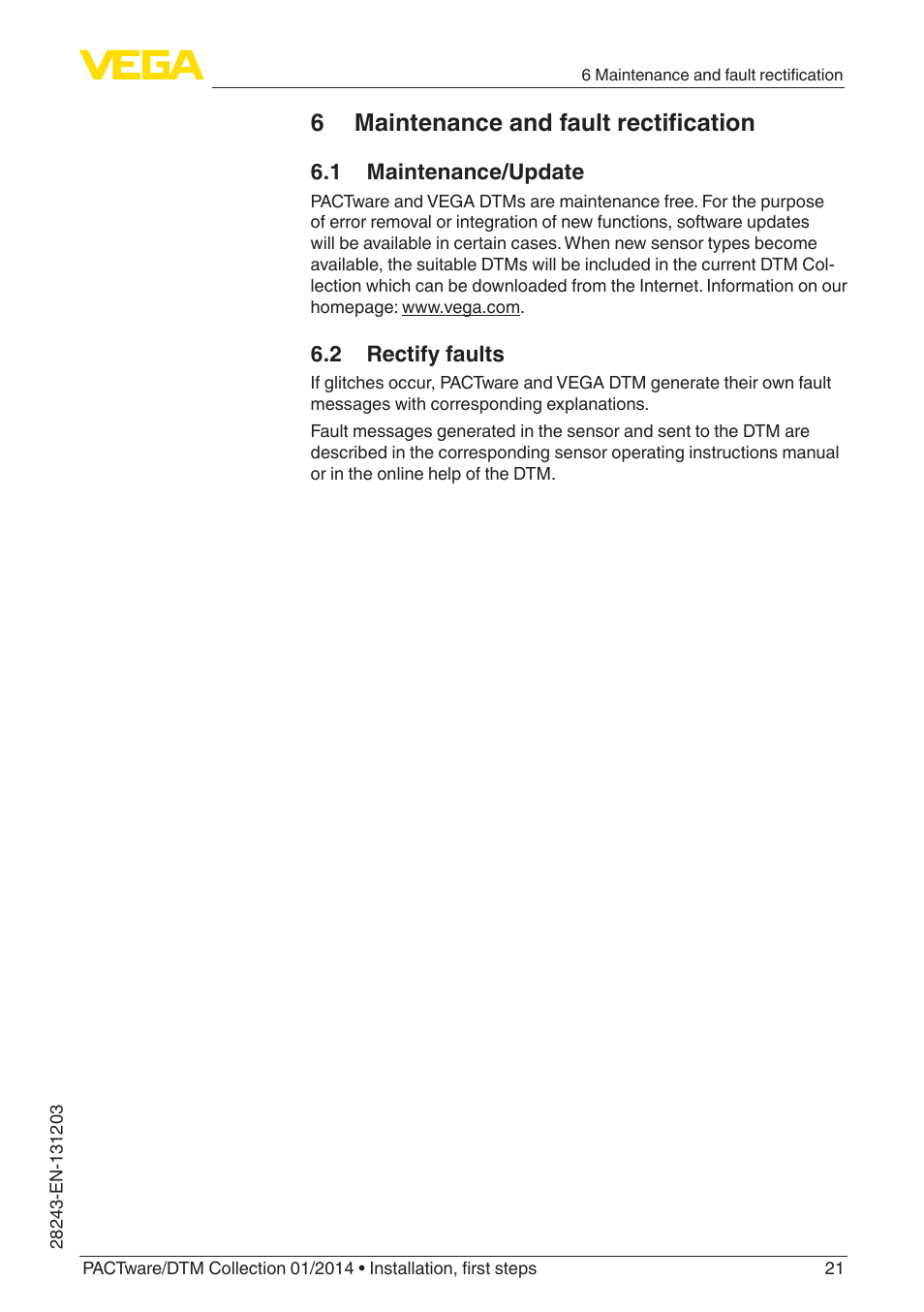 6 maintenance and fault rectification, 1 maintenance/update, 2 rectify faults | VEGA PACTware-DTM Collection 01_2014 User Manual | Page 21 / 28