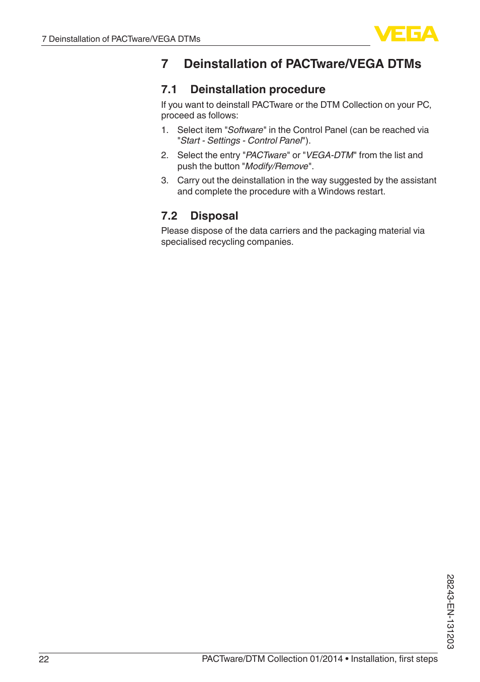 7 deinstallation of pactware/vega dtms, 1 deinstallation procedure, 2 disposal | VEGA PACTware-DTM Collection 01_2014 User Manual | Page 22 / 28