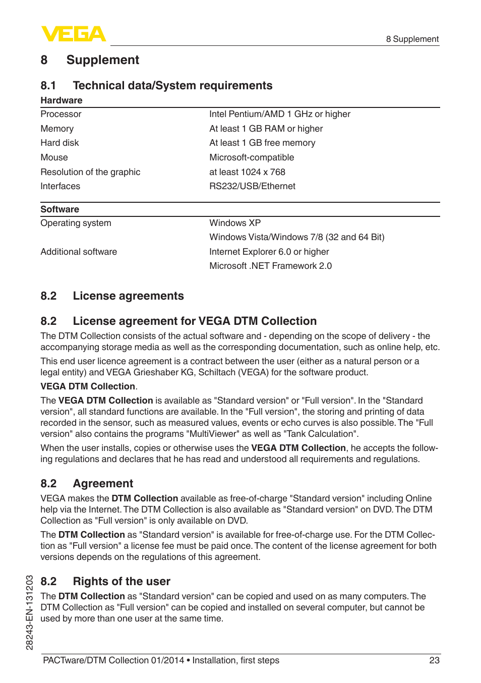 8 supplement, 1 technical data/system requirements, 2 license agreements | 2 license agreement for vega dtm collection, 2 agreement, 2 rights of the user | VEGA PACTware-DTM Collection 01_2014 User Manual | Page 23 / 28
