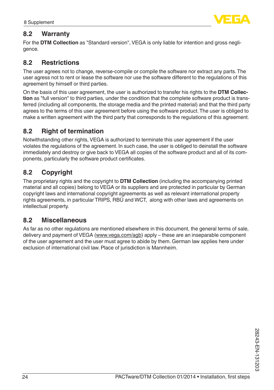 2 warranty, 2 restrictions, 2 right of termination | 2 copyright, 2 miscellaneous | VEGA PACTware-DTM Collection 01_2014 User Manual | Page 24 / 28