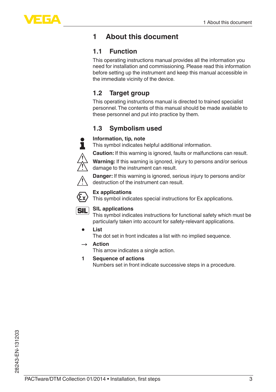 1 about this document, 1 function, 2 target group | 3 symbolism used | VEGA PACTware-DTM Collection 01_2014 User Manual | Page 3 / 28