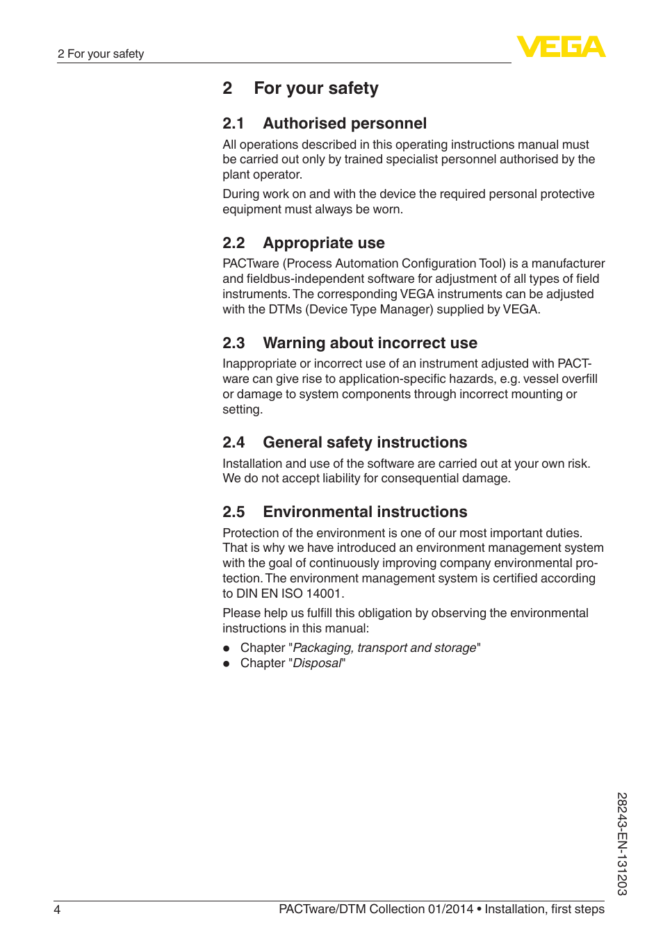 2 for your safety, 1 authorised personnel, 2 appropriate use | 3 warning about incorrect use, 4 general safety instructions, 5 environmental instructions | VEGA PACTware-DTM Collection 01_2014 User Manual | Page 4 / 28