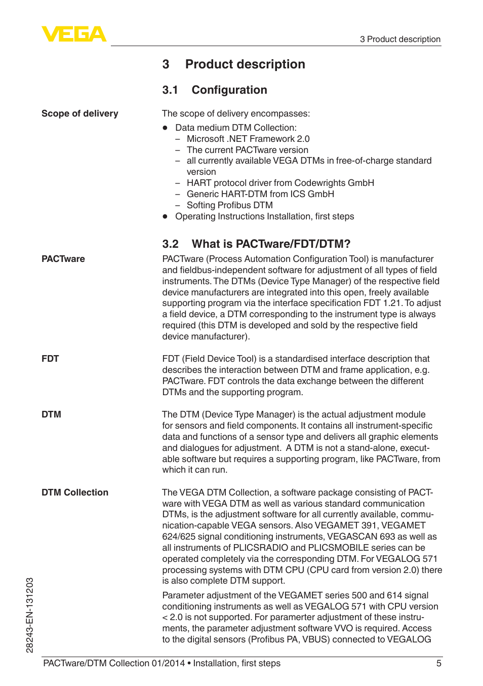 3 product description, 1 configuration, 2 what is pactware/fdt/dtm | VEGA PACTware-DTM Collection 01_2014 User Manual | Page 5 / 28