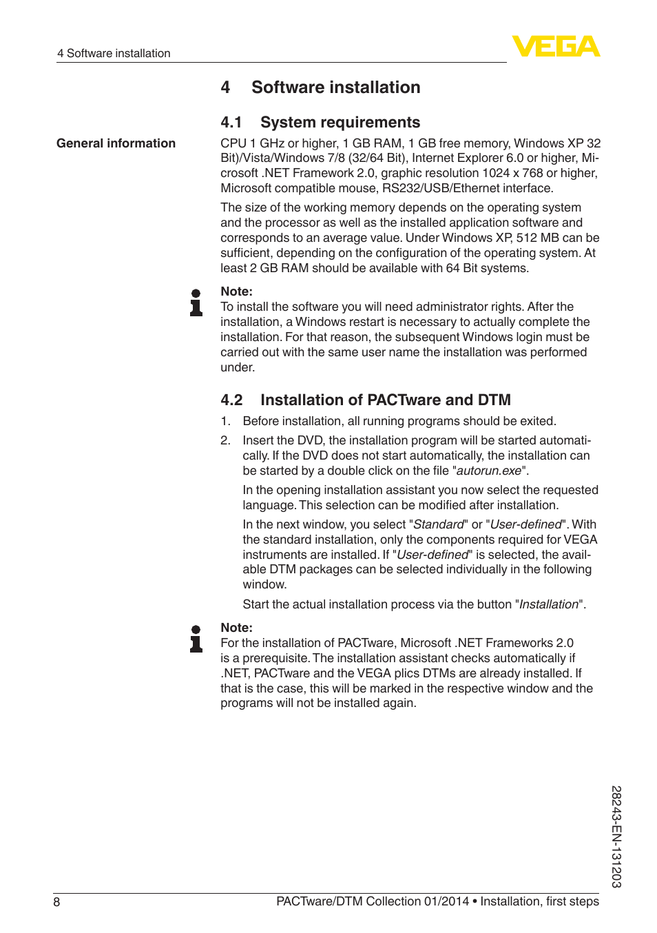 4 software installation, 1 system requirements, 2 installation of pactware and dtm | VEGA PACTware-DTM Collection 01_2014 User Manual | Page 8 / 28