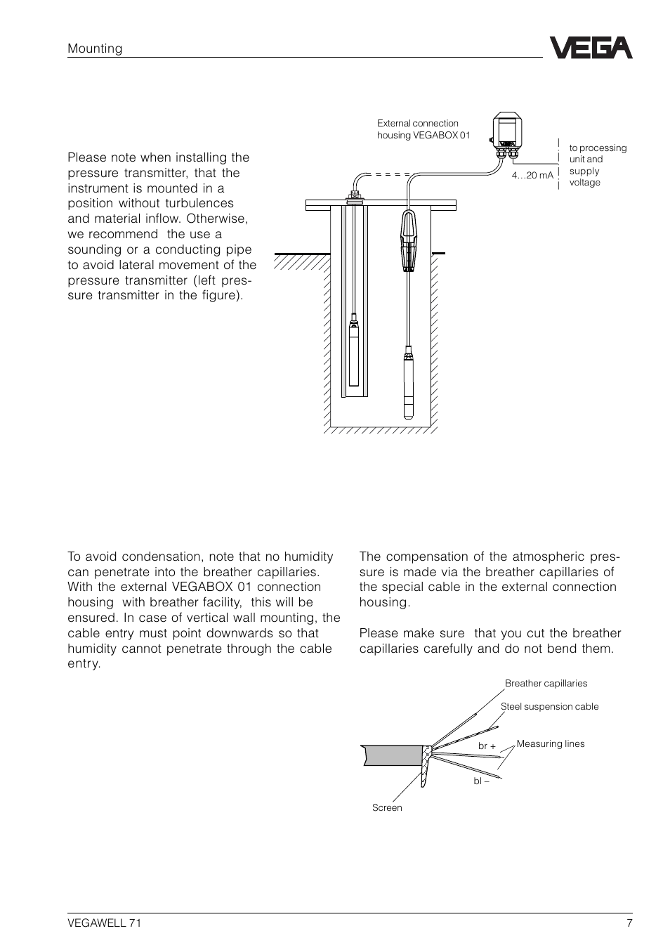 3 mounting, 1 installation place, 2 mounting of the external connection housing | 3 compensation of the atmospheric pressure, 2 mounting of the external connec- tion housing, 3 compensation of the atmos- pheric pressure | VEGA VEGAWELL 71 User Manual | Page 7 / 12