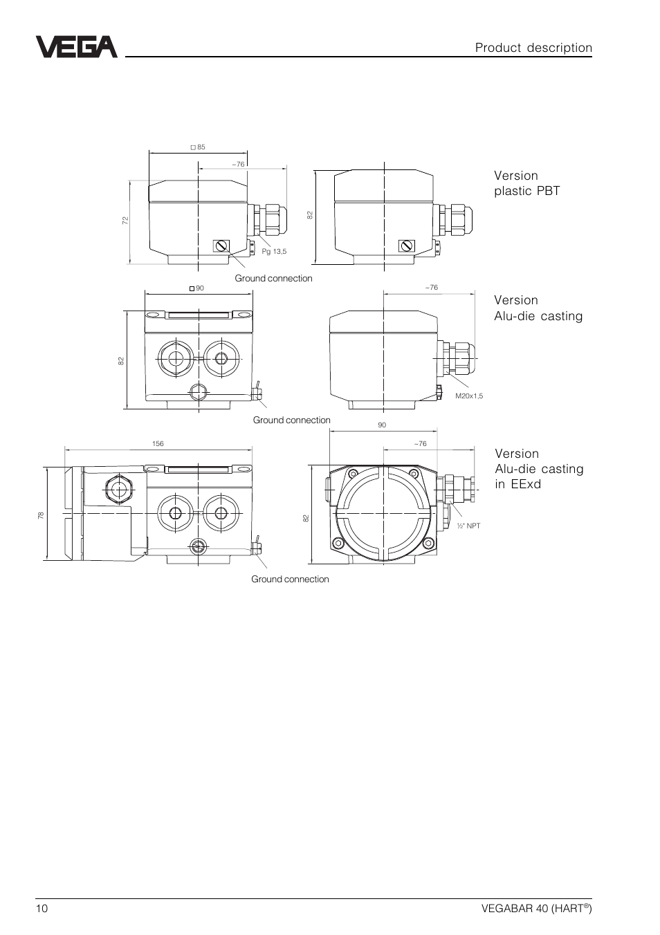 5 dimensions, Product description | VEGA VEGABAR 40 HART User Manual | Page 10 / 40
