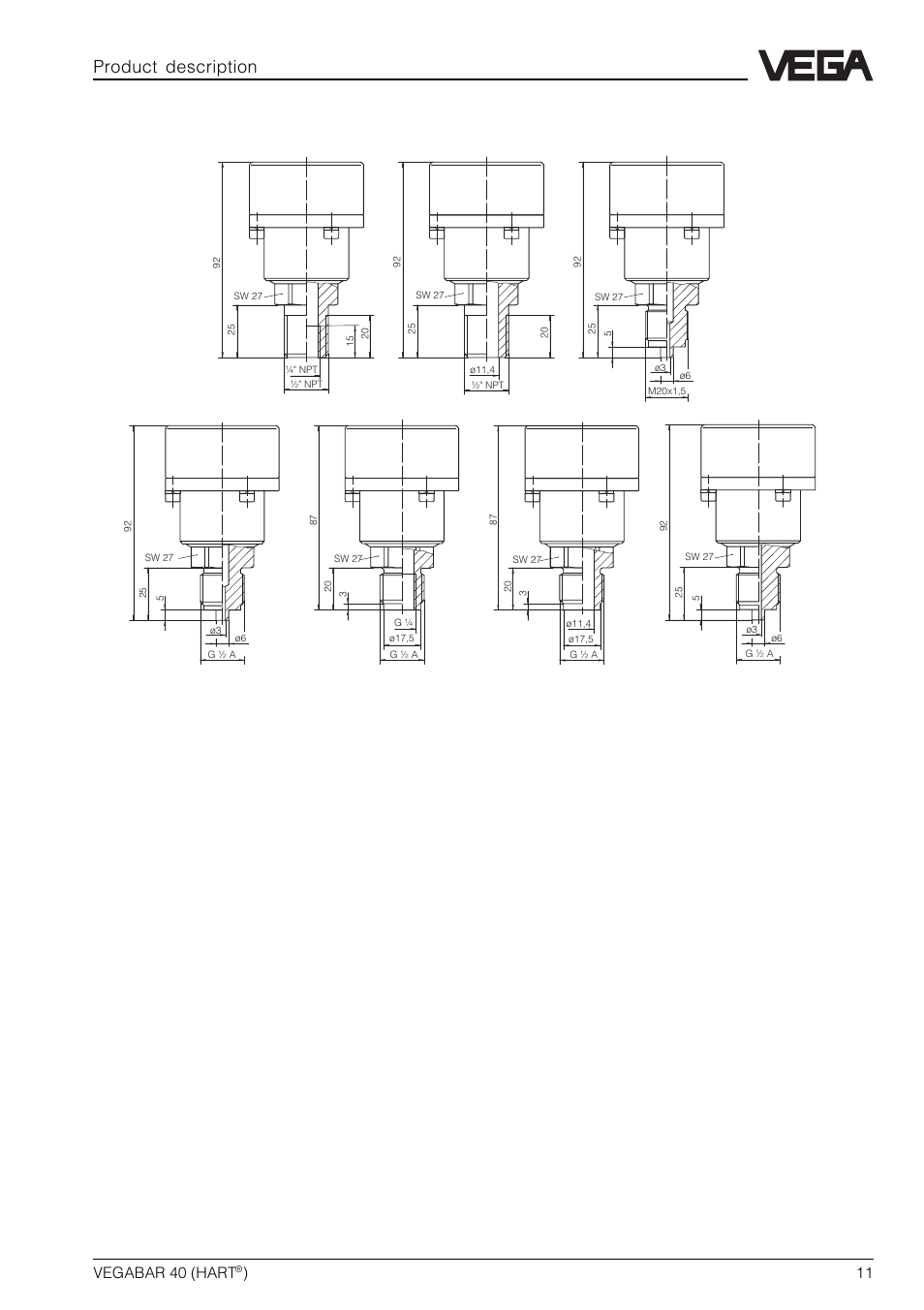 Process fittings product description, Vegabar 40 (hart | VEGA VEGABAR 40 HART User Manual | Page 11 / 40