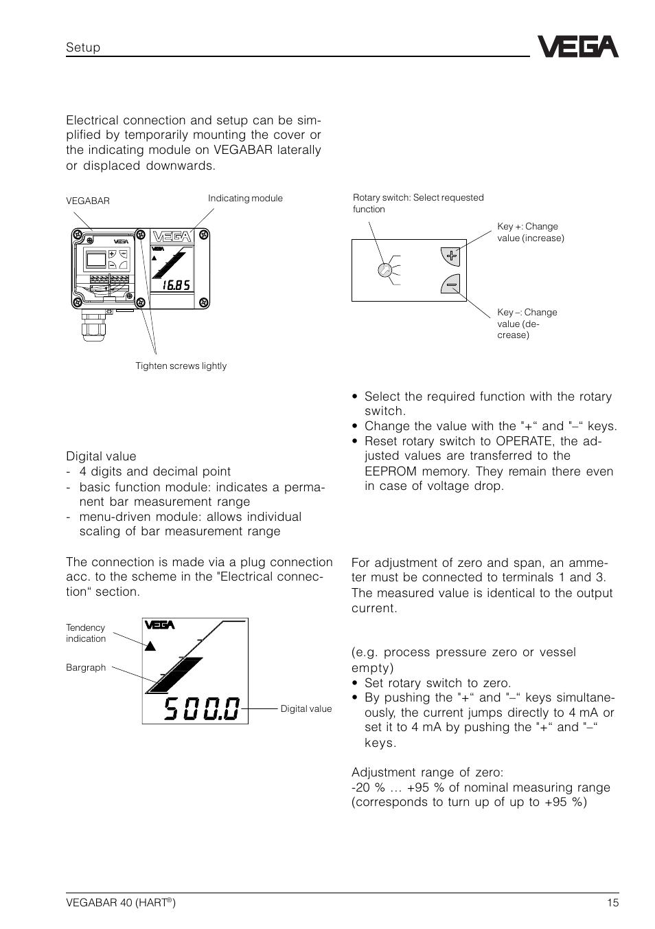 4 setup, 1 indicating module, Adjustment | Adjustment elements | VEGA VEGABAR 40 HART User Manual | Page 15 / 40