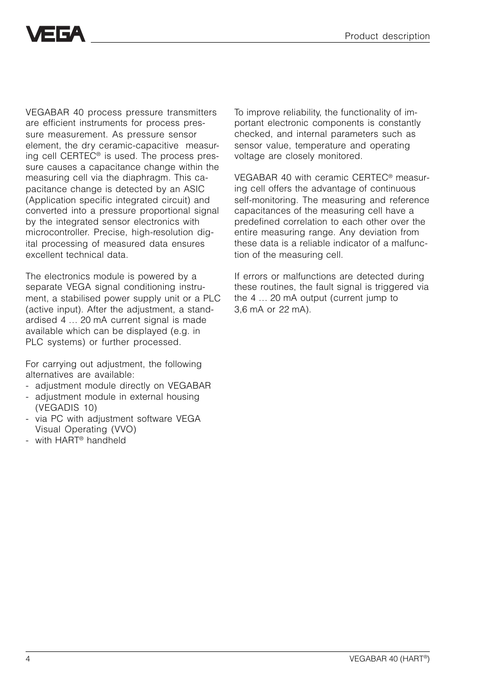 1 product description, 1 function and configuration, 2 self-monitoring | VEGA VEGABAR 40 HART User Manual | Page 4 / 40