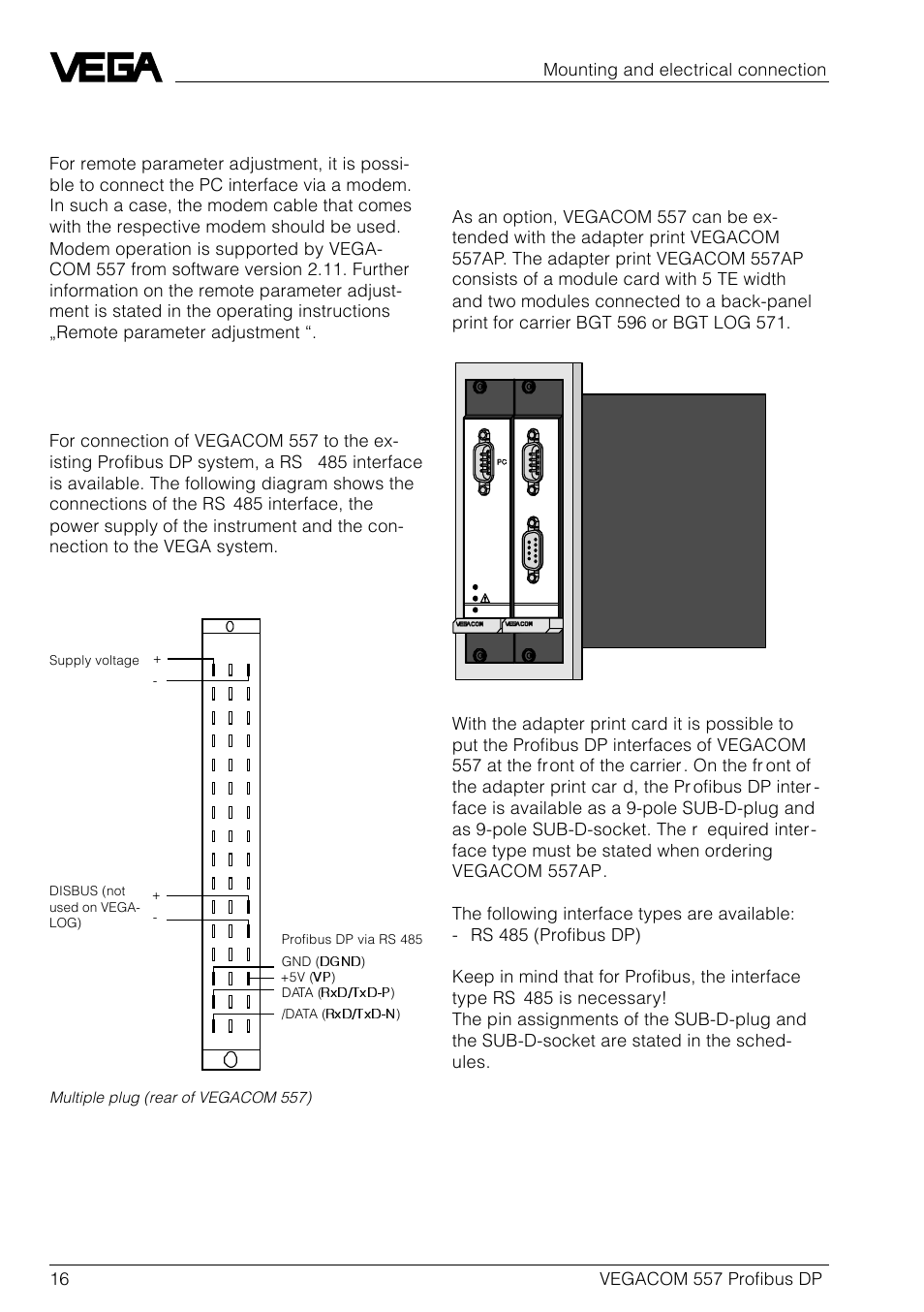 Connections of the multiple plug (rear) | VEGA VEGACOM 557 Profibus DP User Manual | Page 16 / 84