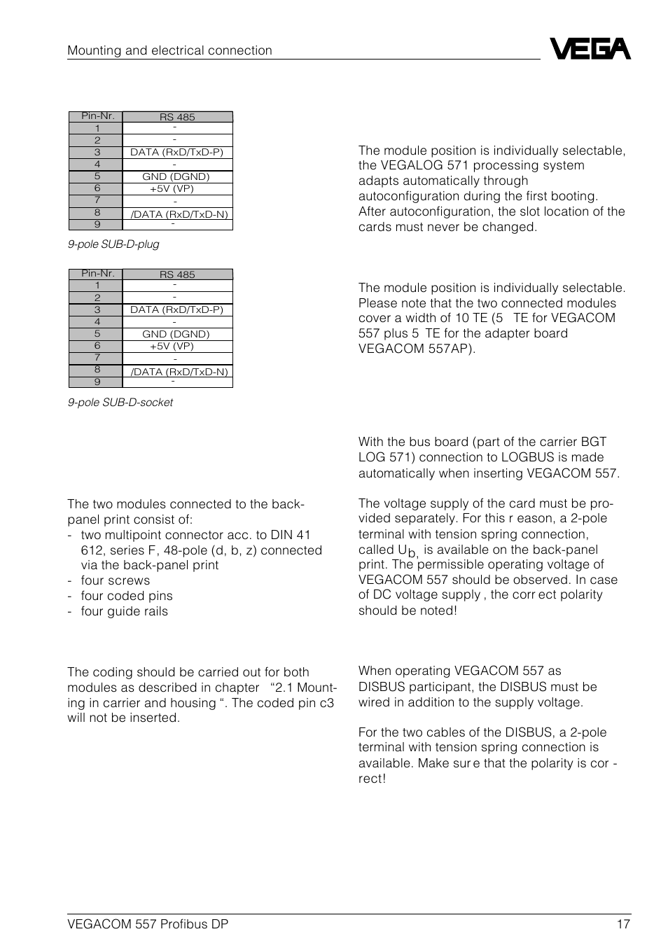 Mounting instructions for vegacom 557ap, Module position, Connection vegacom 557ap | Pin assignments vegacom 557ap | VEGA VEGACOM 557 Profibus DP User Manual | Page 17 / 84