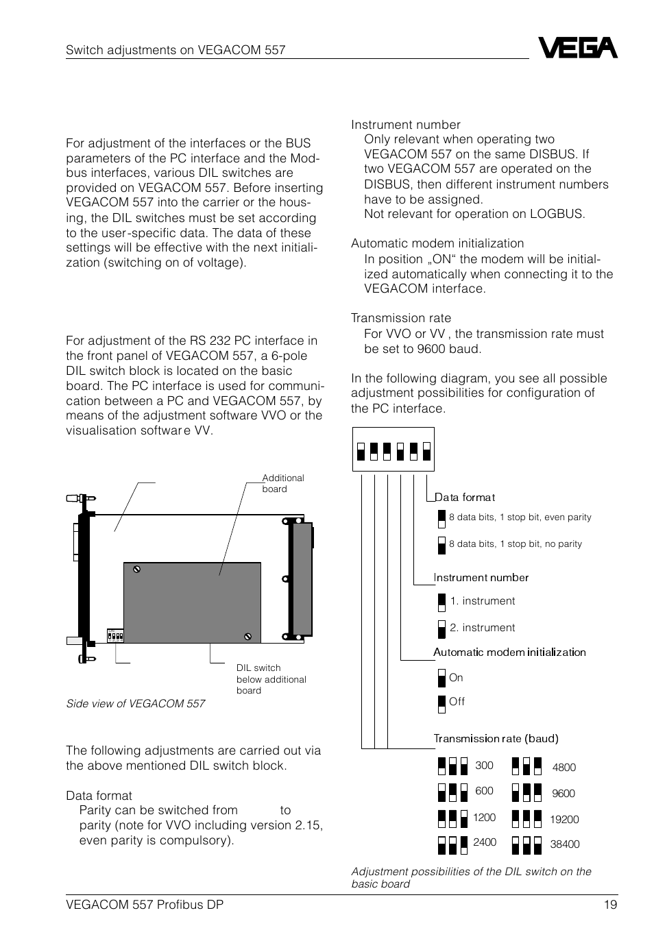 3 switch settings on vegacom 557, 1 adjustment of the pc interface | VEGA VEGACOM 557 Profibus DP User Manual | Page 19 / 84