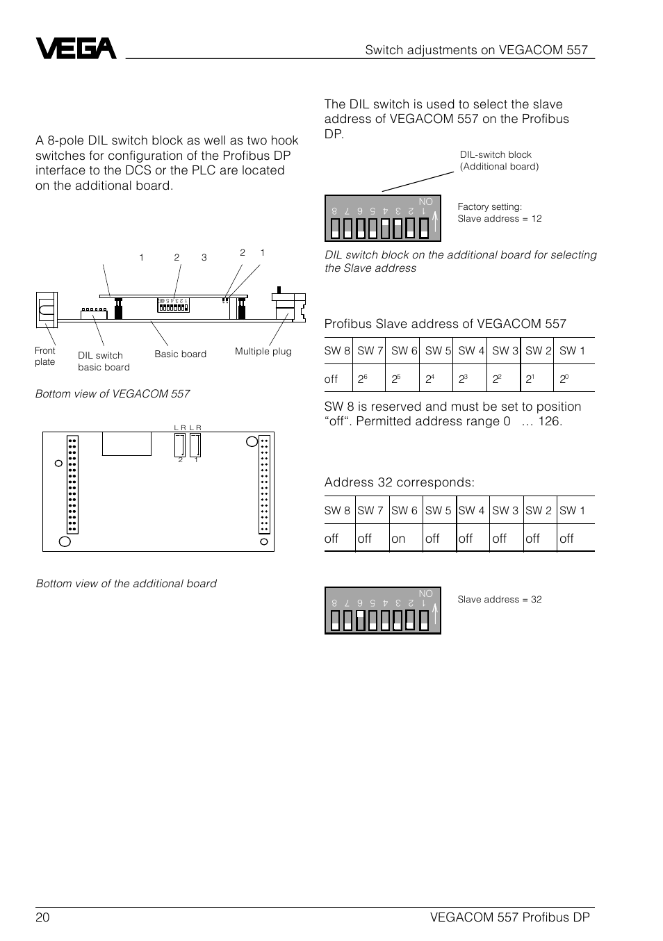 2 adjustment of the profibus dp interface, Dil switch additional board, Switch adjustments on vegacom 557 | Off on off off off off off | VEGA VEGACOM 557 Profibus DP User Manual | Page 20 / 84