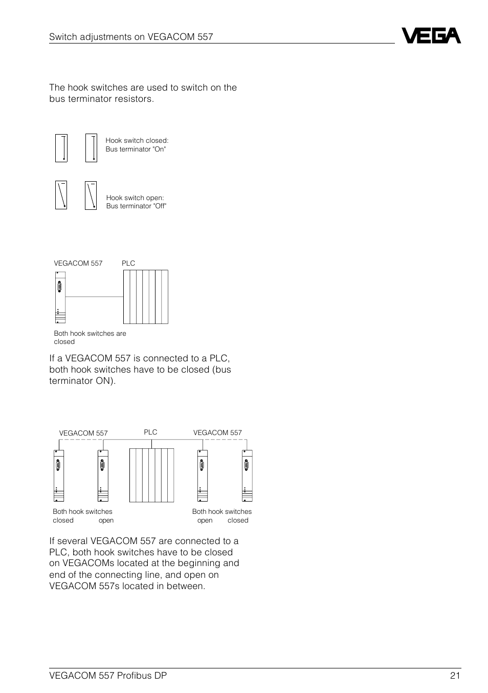 Hook switches additional board, Switch positions | VEGA VEGACOM 557 Profibus DP User Manual | Page 21 / 84