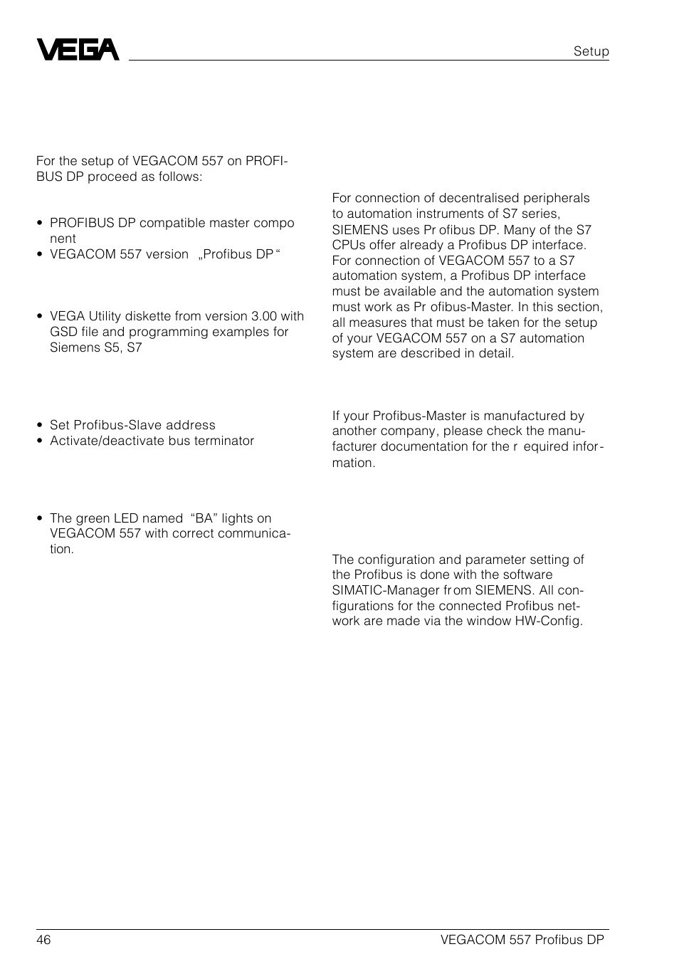 8 setup, 1 setup check list, 2 setup siemens s7 automation system | VEGA VEGACOM 557 Profibus DP User Manual | Page 46 / 84