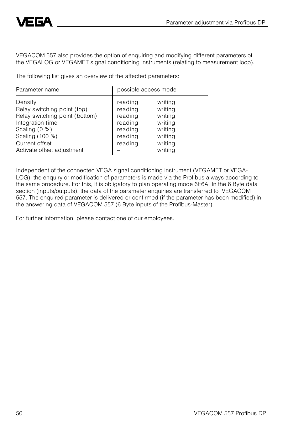 9 parameter adjustment via profibus dp | VEGA VEGACOM 557 Profibus DP User Manual | Page 50 / 84