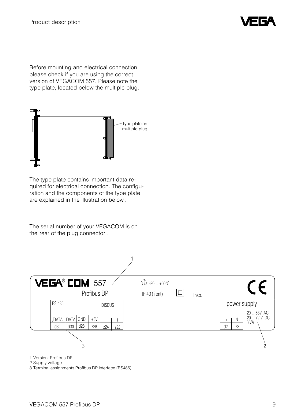 4 type plate and order code, Profibus dp, Power supply | VEGA VEGACOM 557 Profibus DP User Manual | Page 9 / 84