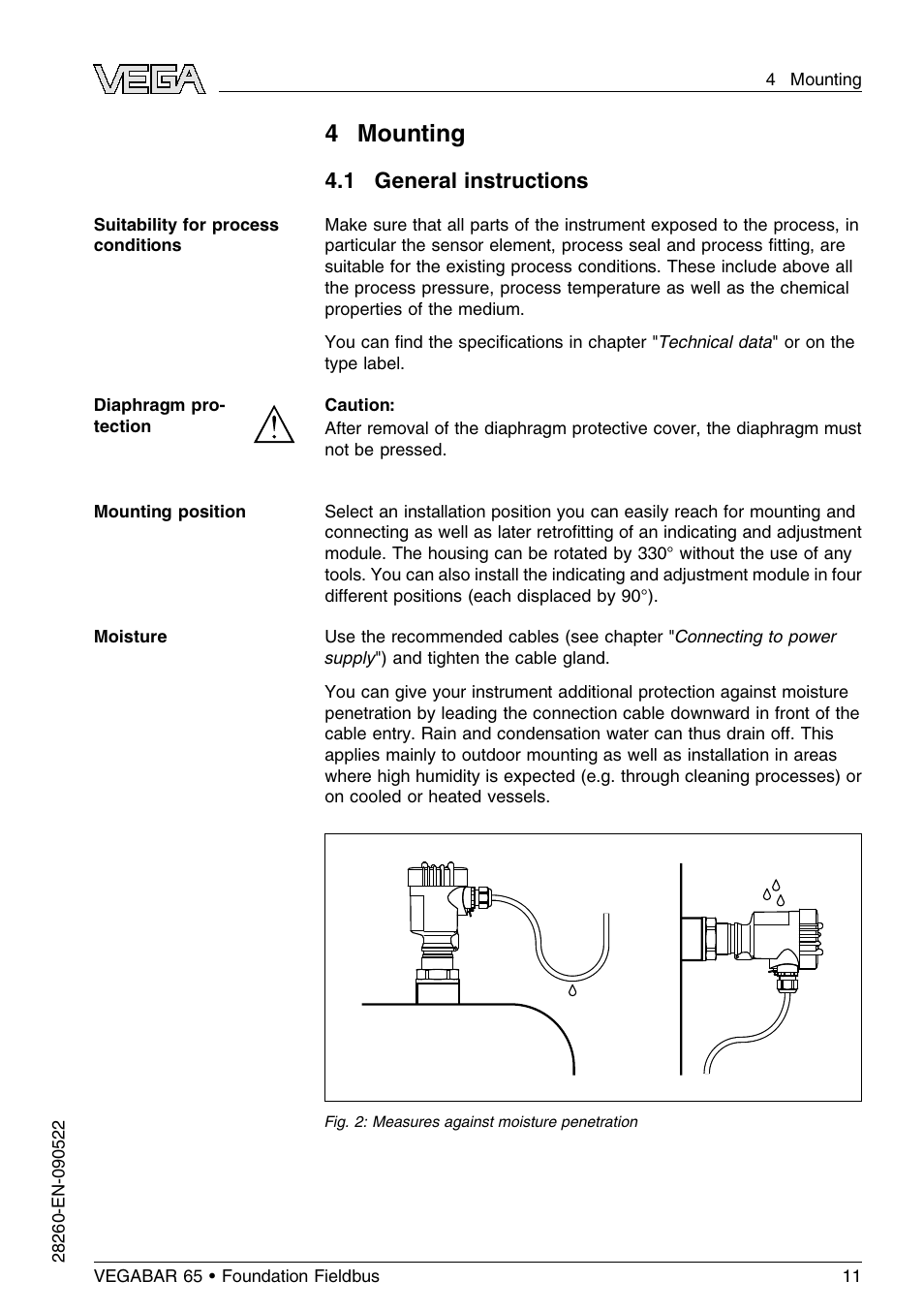 4 mounting, 1 general instructions, 4mounting | VEGA VEGABAR 65 Foundation Fieldbus User Manual | Page 11 / 76