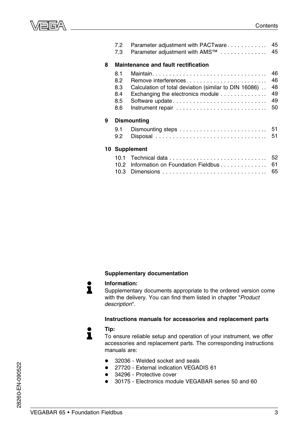 VEGA VEGABAR 65 Foundation Fieldbus User Manual | Page 3 / 76