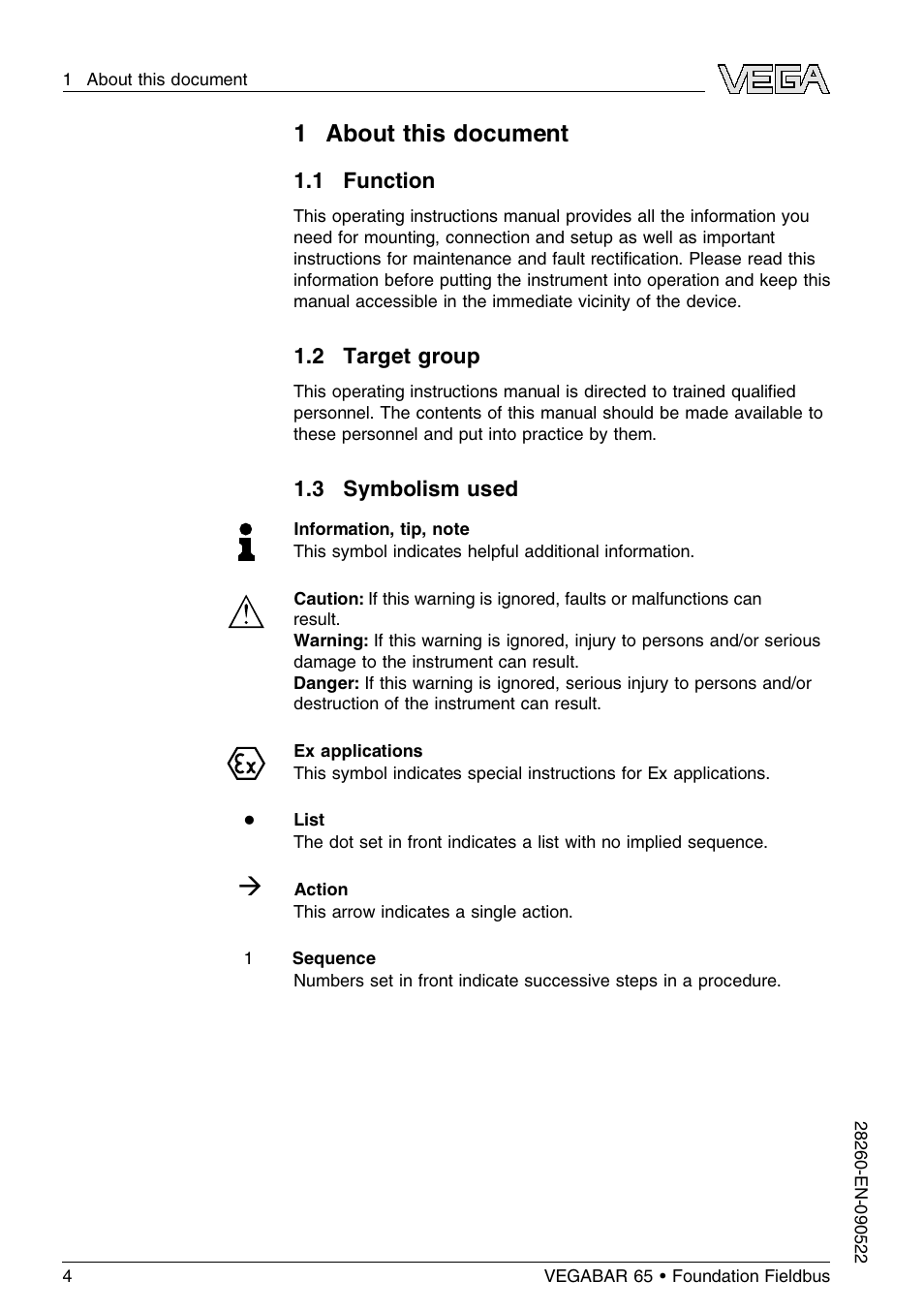 1 about this document, 1 function, 2 target group | 3 symbolism used, 1about this document | VEGA VEGABAR 65 Foundation Fieldbus User Manual | Page 4 / 76