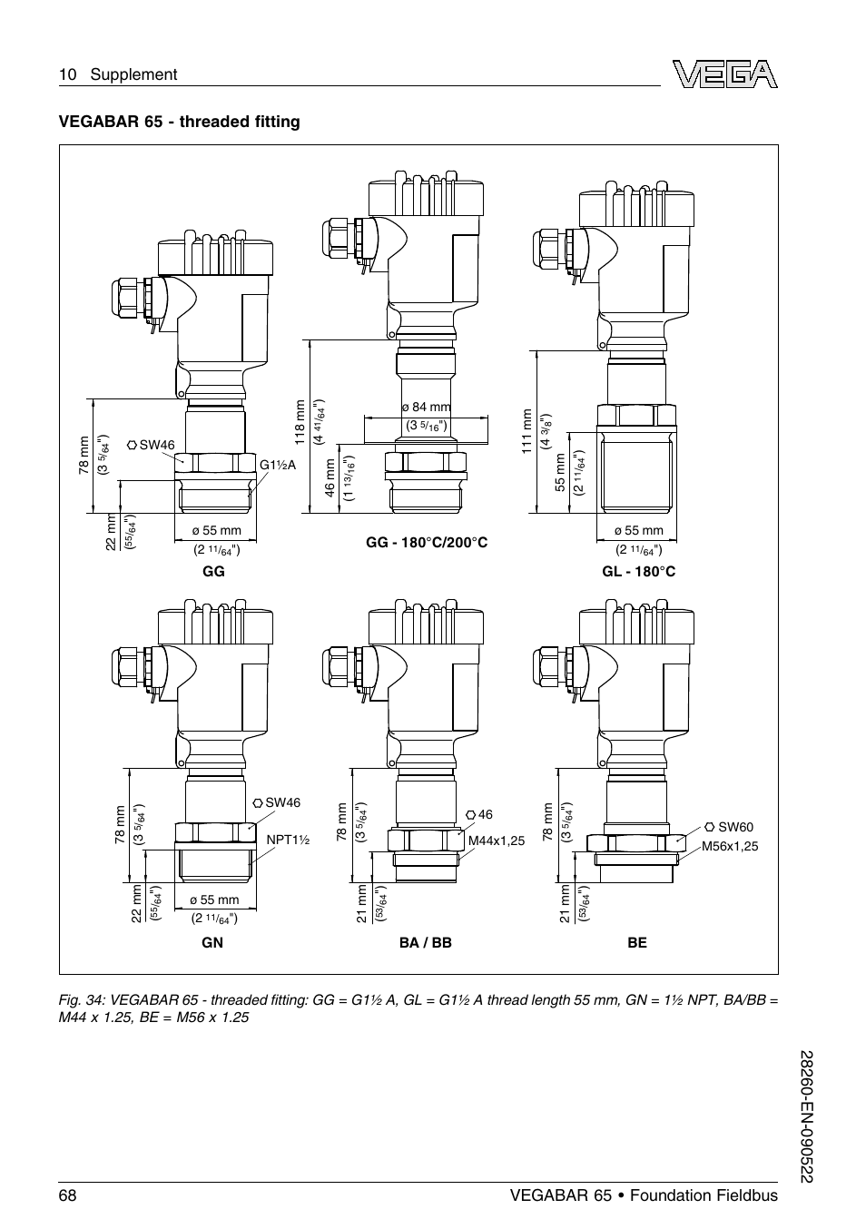 Vegabar 65 - threaded ﬁtting | VEGA VEGABAR 65 Foundation Fieldbus User Manual | Page 68 / 76