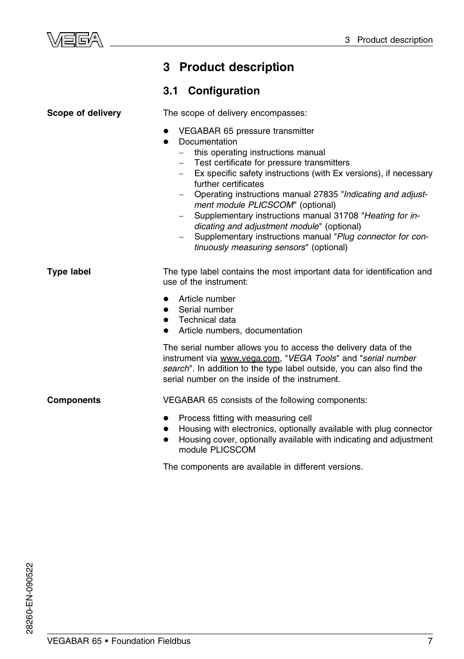 3 product description, 1 configuration, 3product description | 1 conﬁguration | VEGA VEGABAR 65 Foundation Fieldbus User Manual | Page 7 / 76