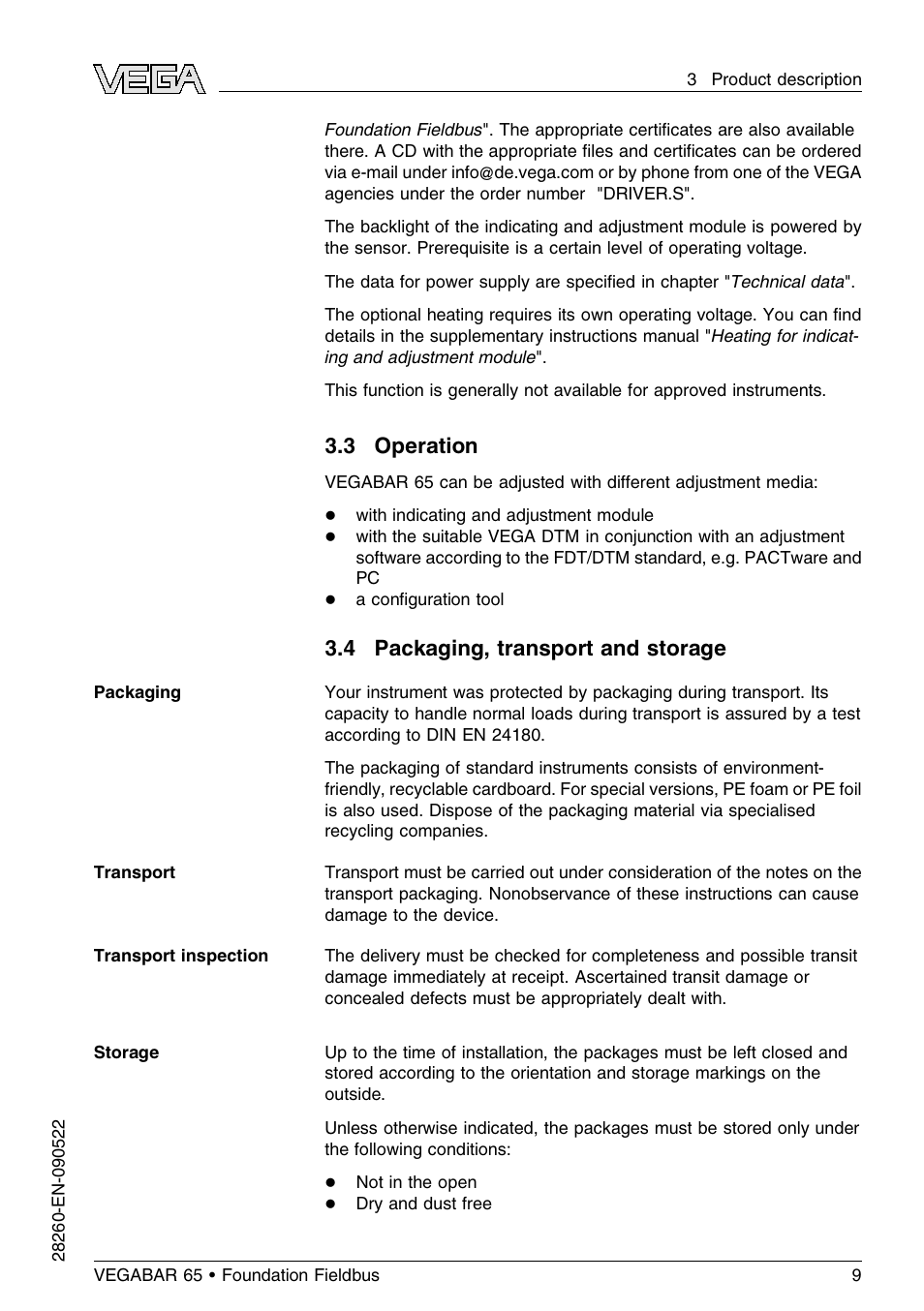 3 operation, 4 packaging, transport and storage | VEGA VEGABAR 65 Foundation Fieldbus User Manual | Page 9 / 76