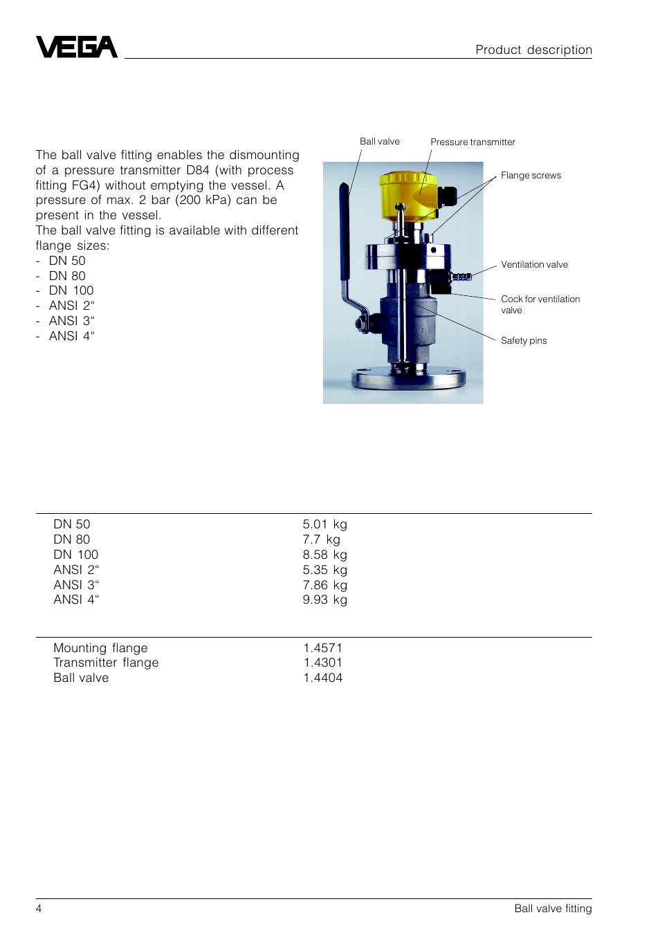 1 product description, 1 function, 3 technical data | 2 configuration, 2 configuration 1.3 technical data | VEGA D84 Ball valve fitting User Manual | Page 4 / 12