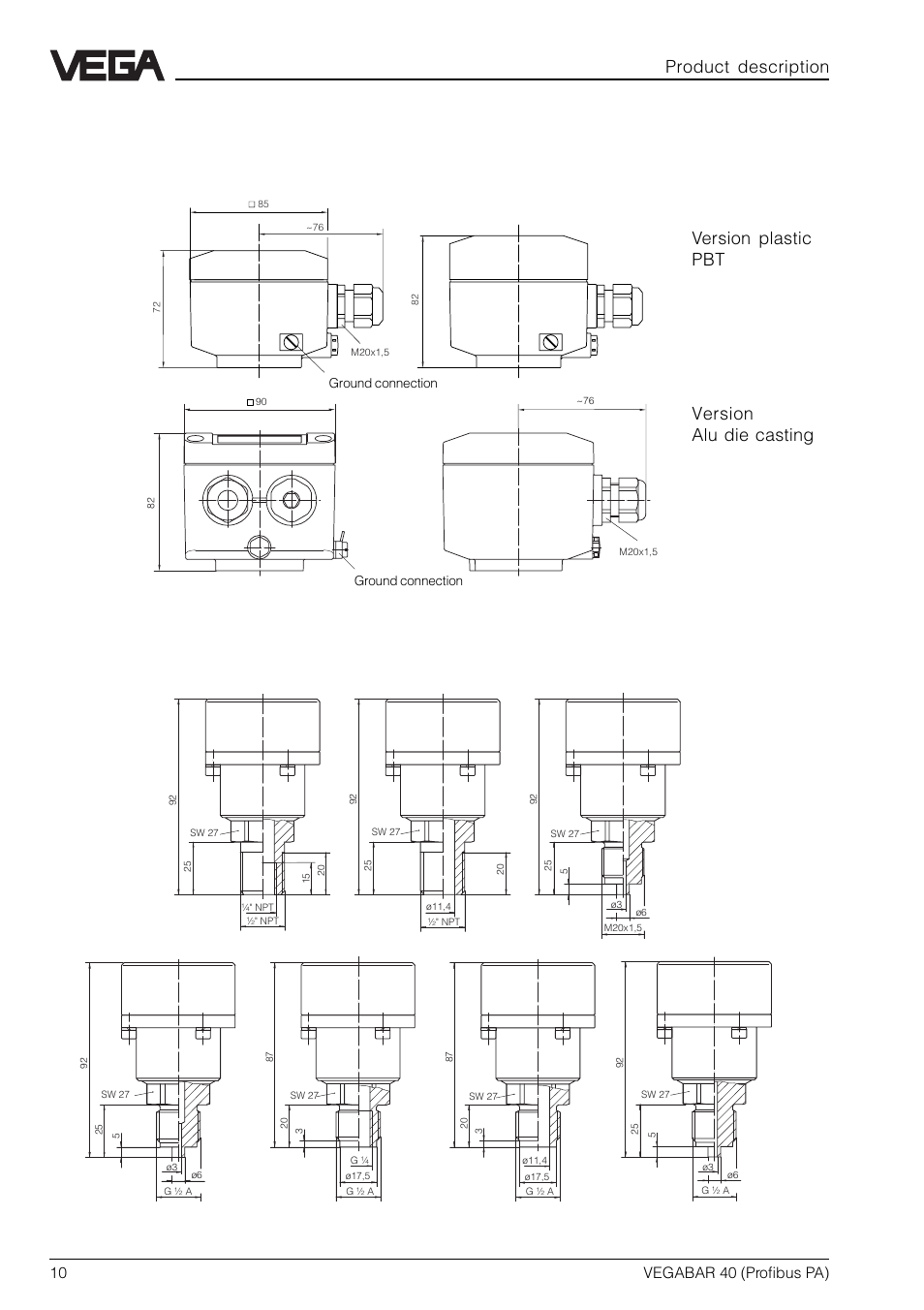 5 dimensions, Product description, Process connections | Version plastic pbt version alu die casting, 10 vegabar 40 (profibus pa) | VEGA VEGABAR 40 Profibus PA User Manual | Page 10 / 36