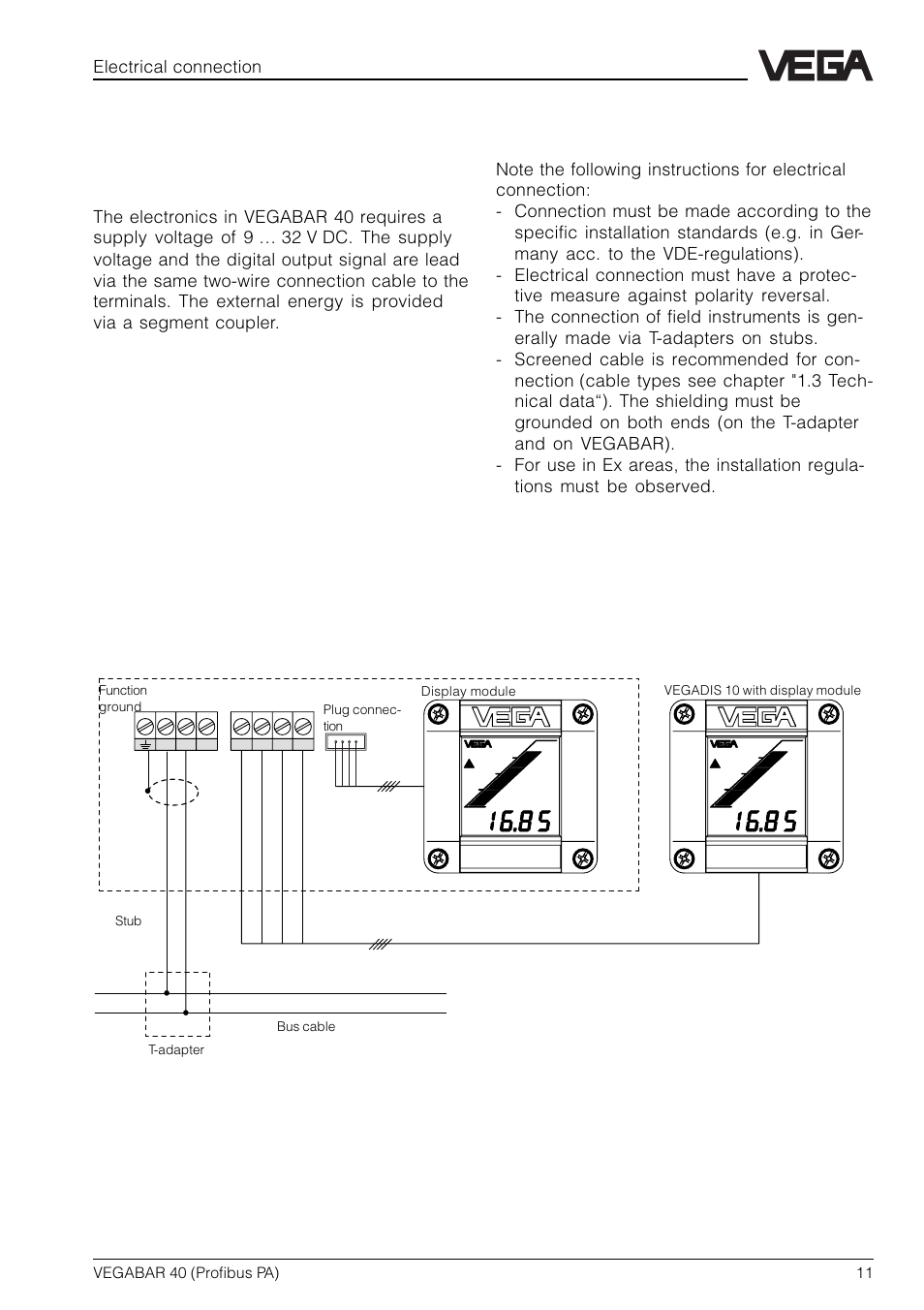 2 electrical connection, 1 connection instructions, 2 connection diagram | VEGA VEGABAR 40 Profibus PA User Manual | Page 11 / 36