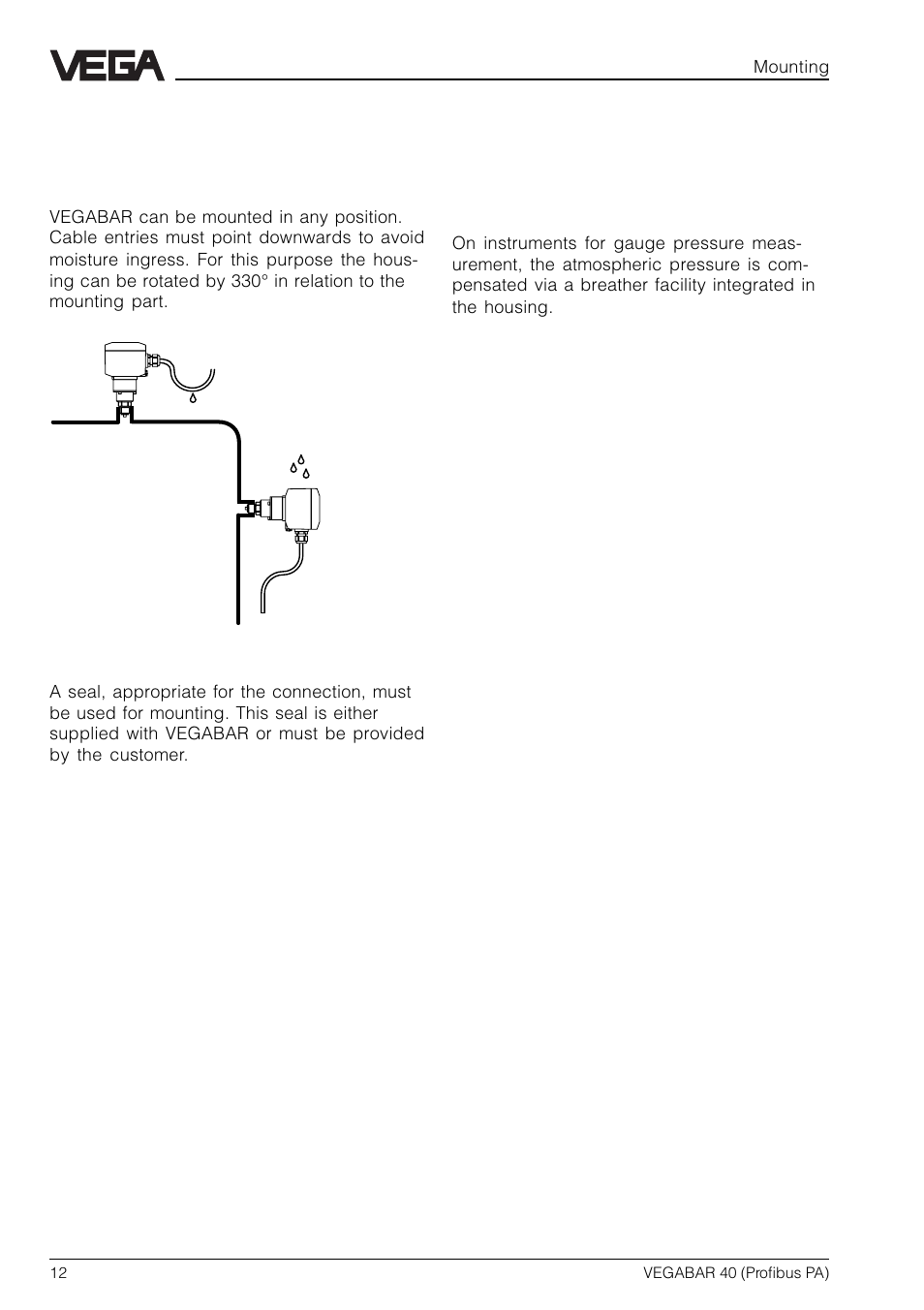 3 mounting, 1 mounting instructions, 2 compensation of the atmospheric pressure | VEGA VEGABAR 40 Profibus PA User Manual | Page 12 / 36