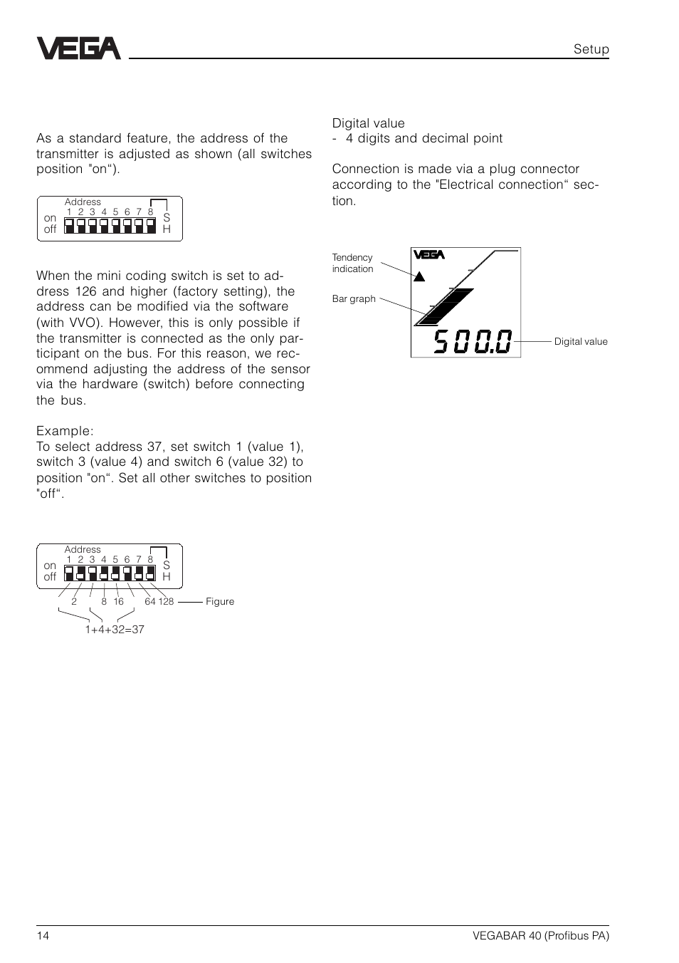 2 display module, Address adjustment with the mini cod- ing switch | VEGA VEGABAR 40 Profibus PA User Manual | Page 14 / 36