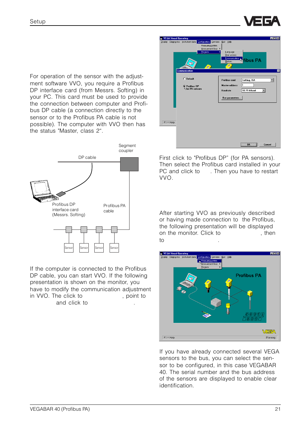 Vvo connection to the bus cable, Sensor configuration | VEGA VEGABAR 40 Profibus PA User Manual | Page 21 / 36