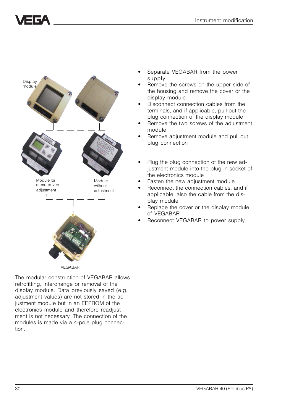 6 instrument modification, 1 exchange of adjustment modules | VEGA VEGABAR 40 Profibus PA User Manual | Page 30 / 36