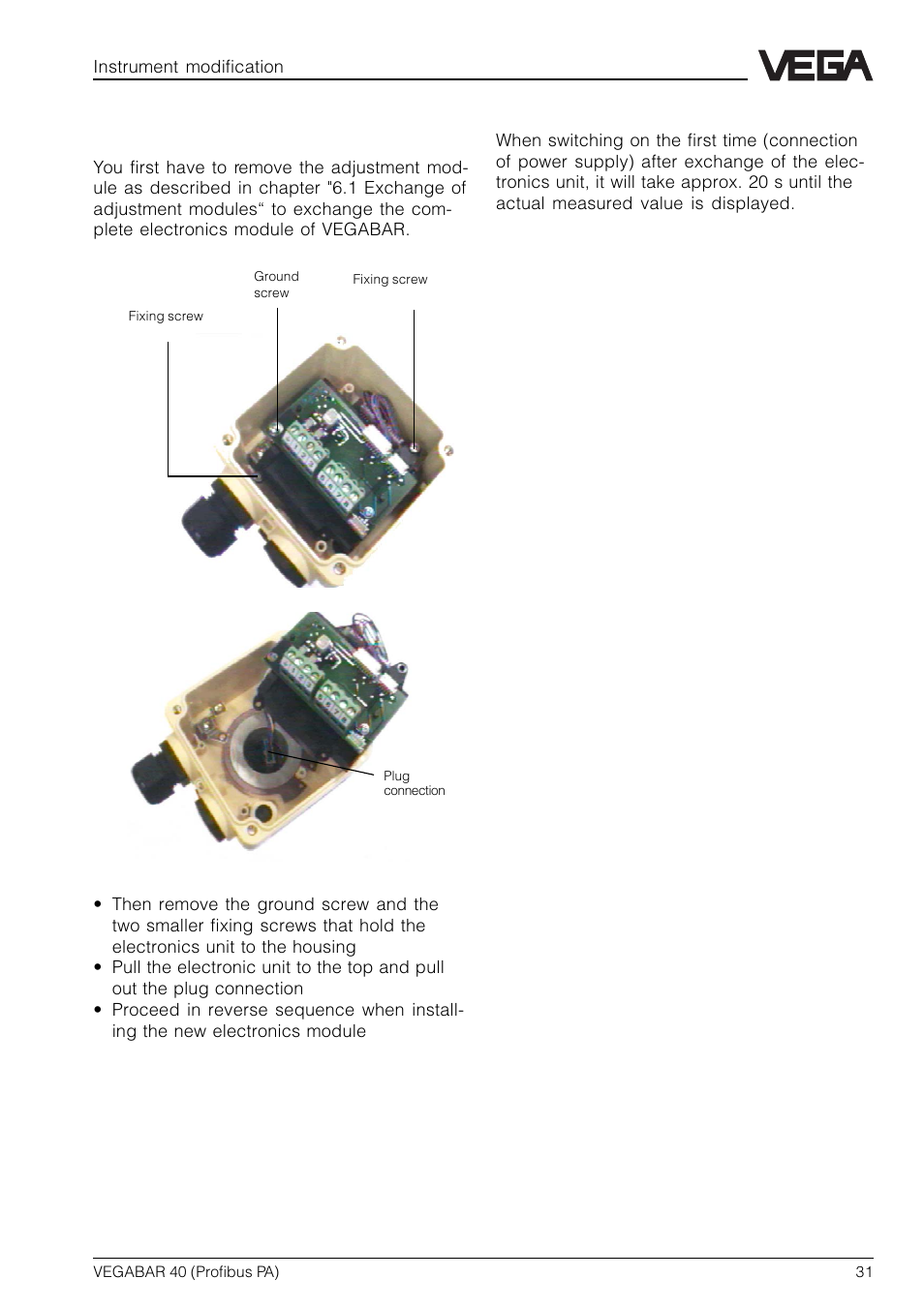 2 exchange of electronics | VEGA VEGABAR 40 Profibus PA User Manual | Page 31 / 36